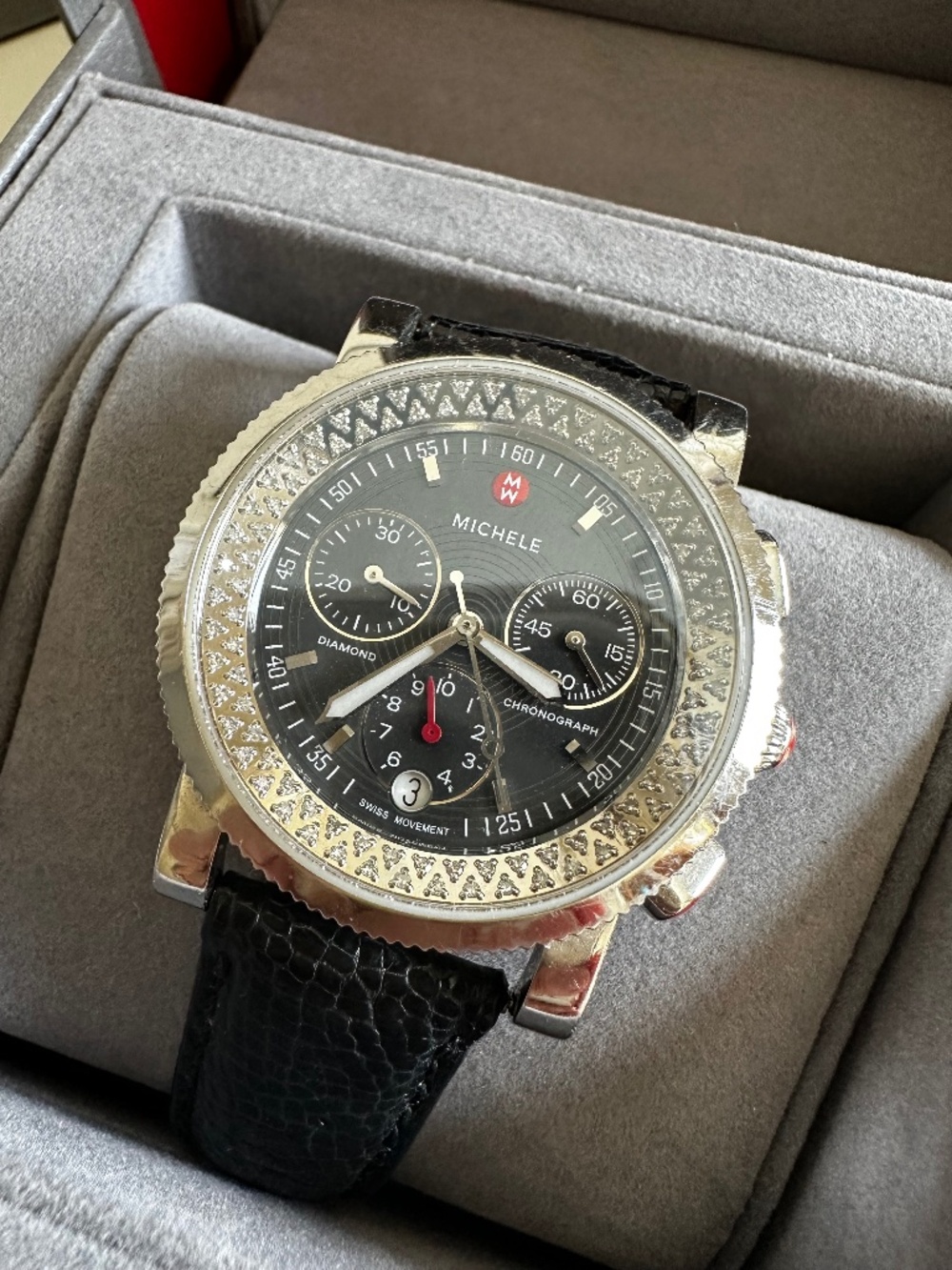 MICHELE CSX 0.46 CTW 96 Diamond Chronograph Watch Black Dial Box + Strap